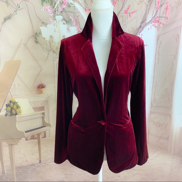 SOLD Tahari Asl One Button Red Velvet Velour Blaz - Picture 2 of 11